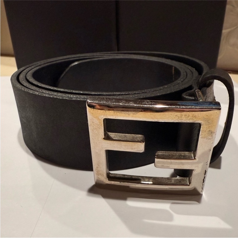 Fendi Black Leather Belt with Silver FF Buckle size 110